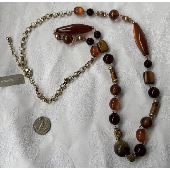 Chicos Brown Amber Gold Tone 20" Long Beaded Statement Necklace NEW - Picture 7 of 16
